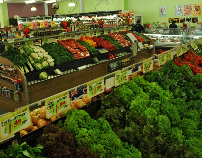 Fruit and veggie aisles inside Clayfield Markets.