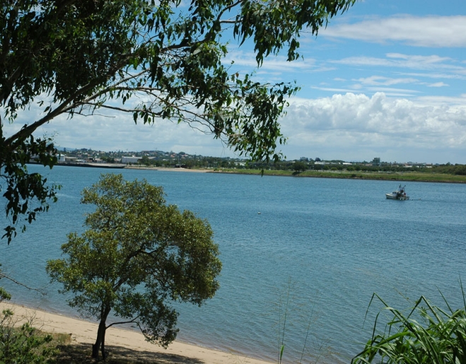 Sandy beach overlooking bush and the Brisbane River in Colmslie Beach Reserve Murarrie