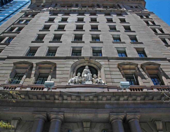 MacArthur Chambers building facade with sculpture on Edward St Brisbane