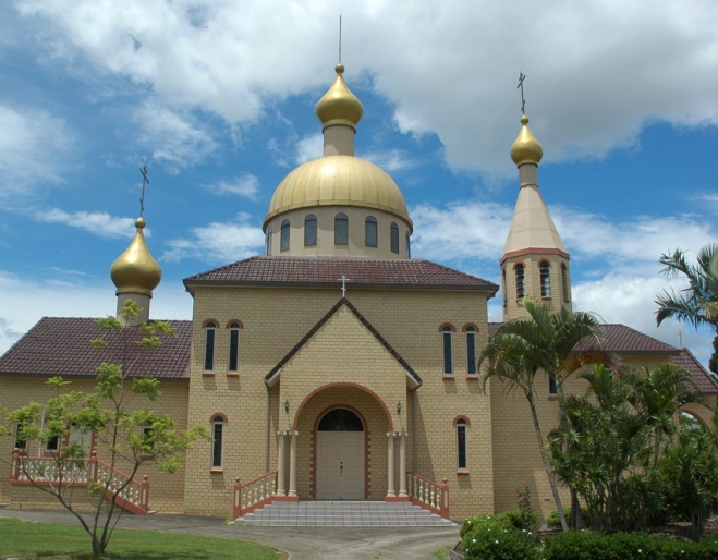Our Lady of Vladimir church building and gardens in Rocklea
