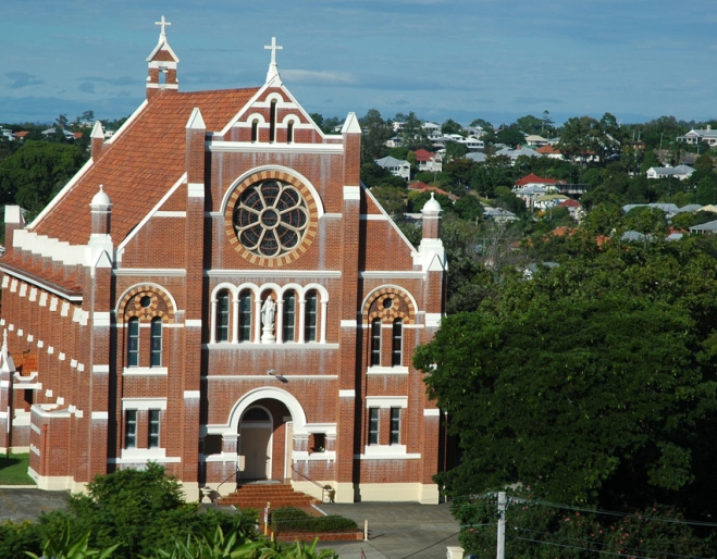 Sacred Heart Catholic Church building and Paddington district views.