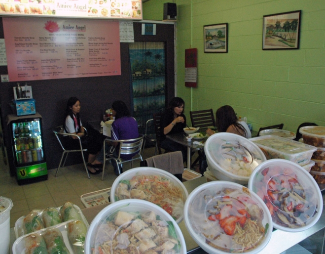 Take away food containers and diners inside Amiee Angel Bubble Tea 