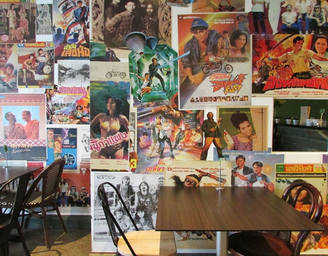Wall of retro Thai movie posters at Banana Leaf East Brisbane