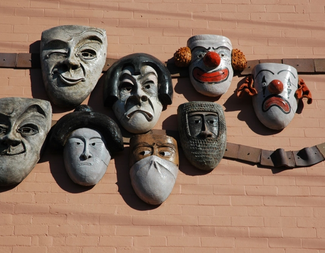 Comedia masks on wall of Brisbane Arts Theatre