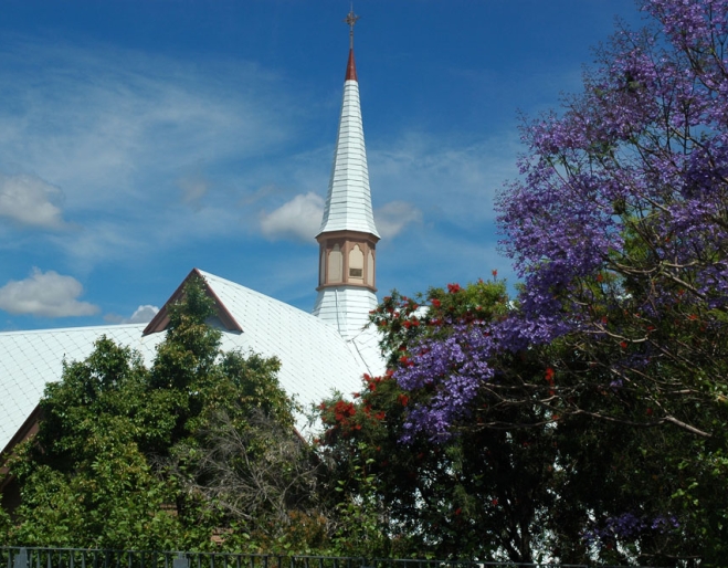 Christ Church Milton bell tower and jacaranda tree