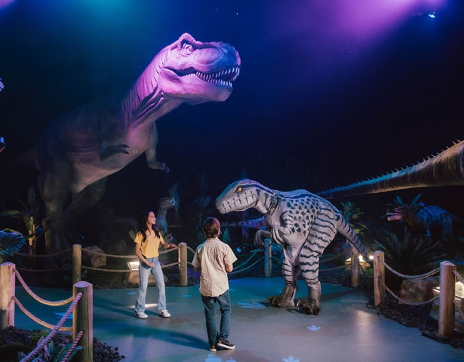 People lookign at dinosaurs