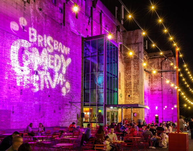 Lit up exterior of Brisbane Powerhouse 