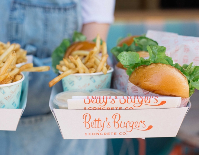 Cardboard box with Burgers and chips Betty's Burgers Westfield Carindale