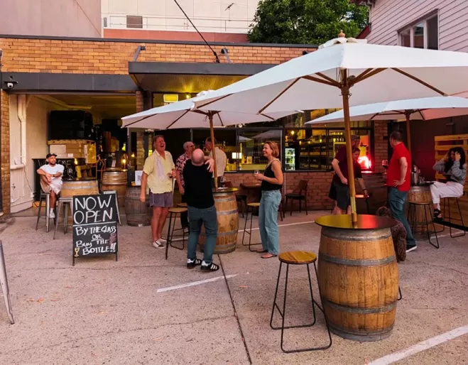 Customers outside Dave's Wine Revival 
