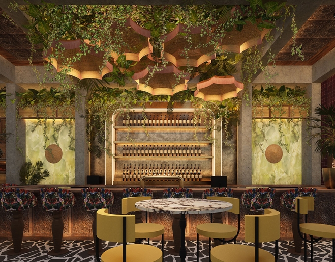 Luxe bar, back-lit with jade onyx stone slabs at  Lúc Lắc Brisbane CBD