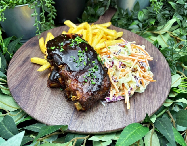 Plate of ribs, chips and coleslaw, The Jungle Smokehouse North Lakes