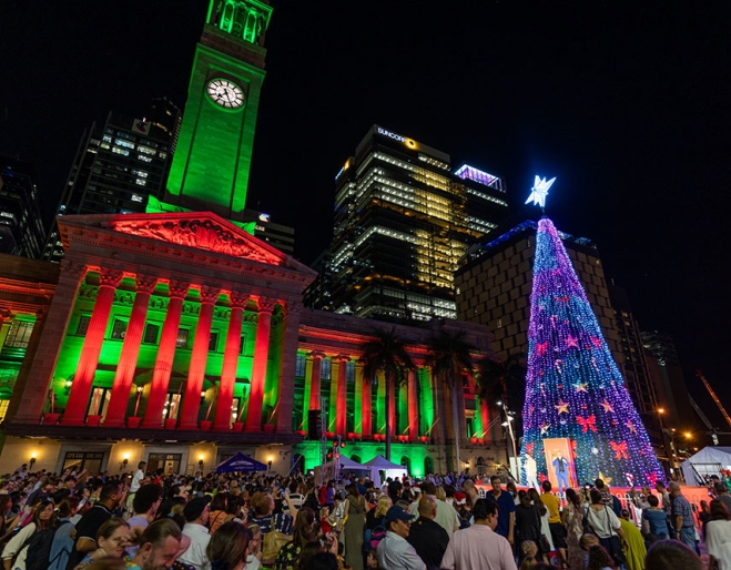 Lit up tree and Brisbane City Hall