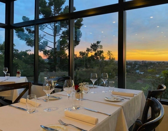 Sunset view from table at La Vie Bistro