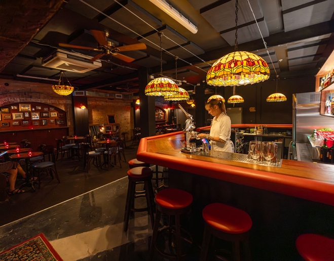 Bar and lead lights inside Shaman