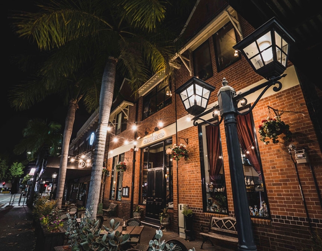 Exterior of Electric Avenue Woolloongabba at night