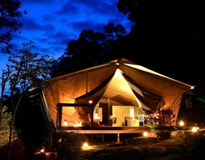 Tent at night at Nightfall Glamping 