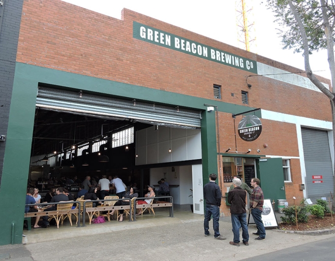 Red brick warehouse entrance to Green Beacon Brewing Co Teneriffe