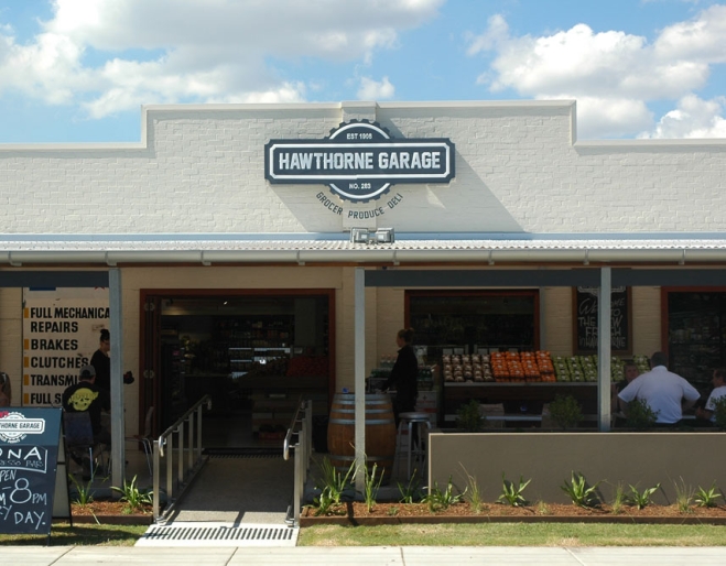 Hawthorne Garage shop front with patrons sitting having a coffee and lunch.