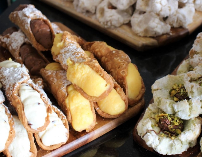 Cannoli and pastries on a plate at A Mano Cafe, Annerley