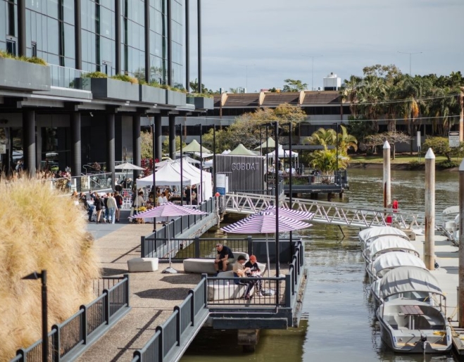 Boats moored at the Breakfast Creek Lifestyle Precinct