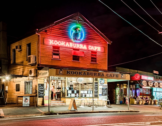 Kookaburra Cafe lit up Paddington