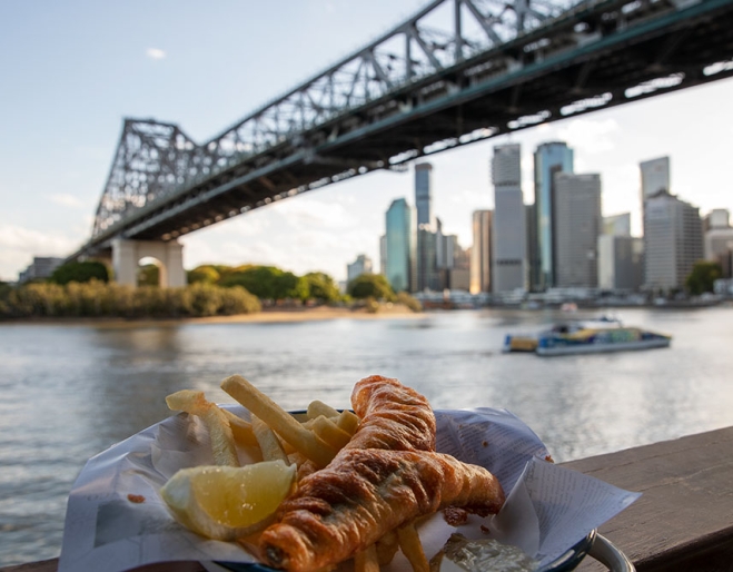 Fish & chips on ledge at Felons Brewing