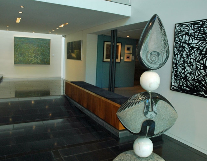 Scultures and paintings in entrance to Phillip Bacon Galleries in Fortitude Valley