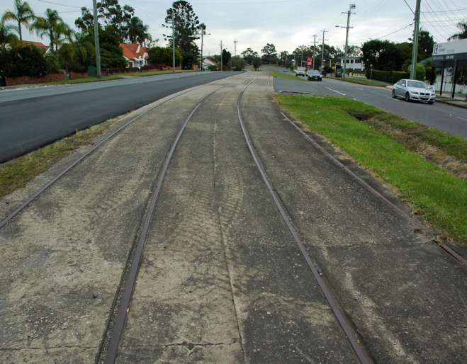 Old tram tracks in middle of the road in Camp Hill Brisbane 