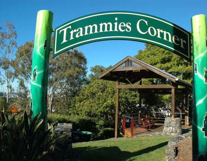 Trammies Corner sign and park in Paddington