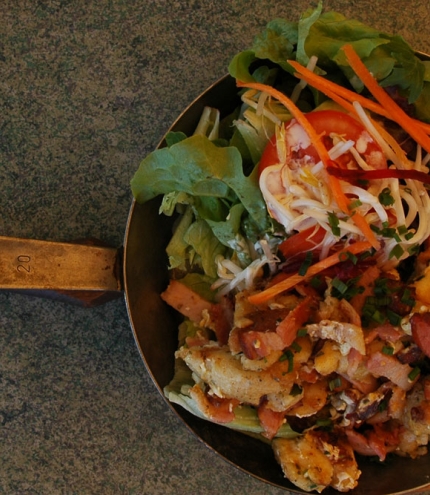 Grostl (a mishmash of pan-fried ingredients such as bacon, egg and knodel or dumplings) in a frying pan with an accompanying salad at K & K Austrian Coffee House Sinnamon Park 