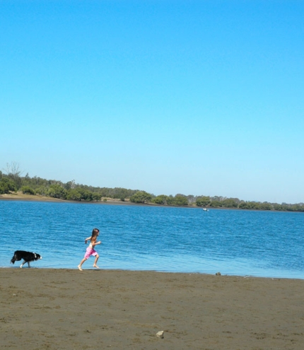 Girl being chased by dogs on Nudgee Offleash Beach Dog Park next to creek