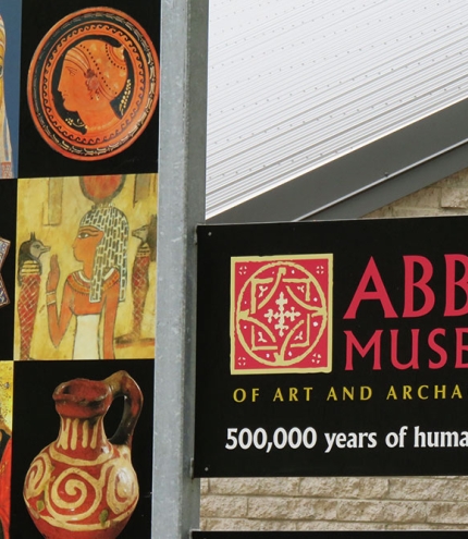 Signs at entry to Abbey Museum of Art and Archaeology, Caboolture