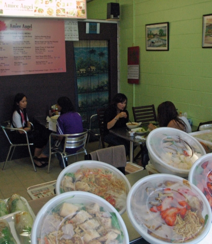 Take away food containers and diners inside Amiee Angel Bubble Tea 