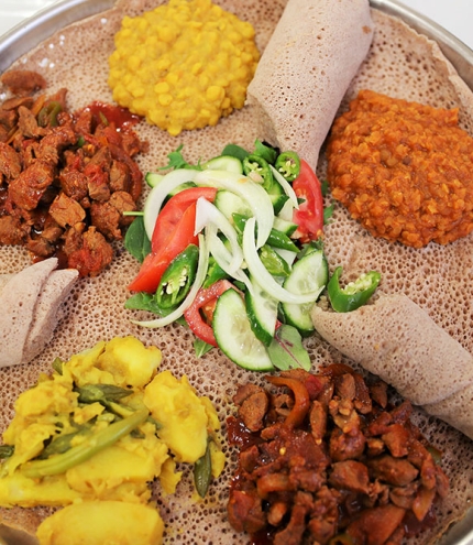Platter of Ethiopian food at Ethiopian Village Moorooka