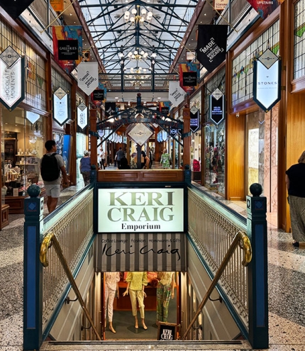 Keri Craig Emporium, Brisbane Arcade, Brisbane CBD, ball gowns, sequins, chiffon, high-end ladies fashion, where to buy womenswear in Brisbane, underground cafe, homewares, children's gifts, kids books, toys for toddlers, fabric, designer clothes, iconic landmark
