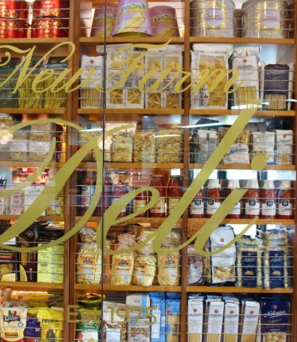 Looking inside front window at New Farm Deli