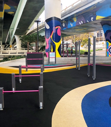 Waterline Park Gym, Queens Wharf Precinct, Brisbane CBD, outdoor exercise, parkour, calisthenics, wheelchair accesible, balance beams, Brisbane time capsule, mangrove walk