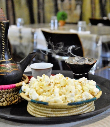 Bowl of popcorn in a dish at Arhibu Ethiopian Restaurant Moorooka