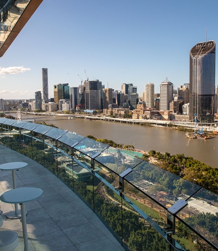 Seating and view of Brisbane CBD from The Terrace Hotel Emporium South Bank