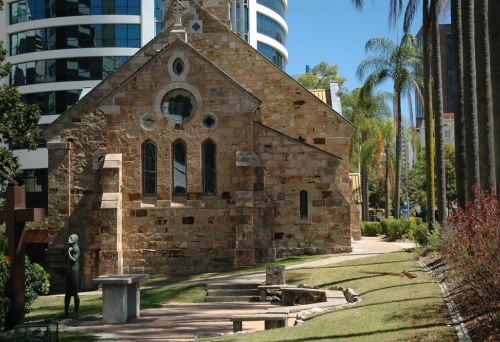 All Saints Anglican Church garden and statue of jesus in Spring Hill  