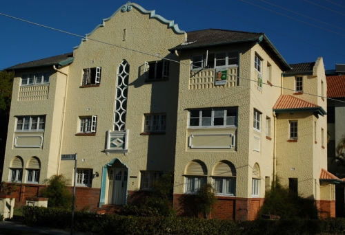 Julius St Flats art deco building facade at sunrise in New Farm