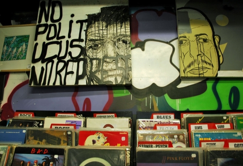 Vinyl records on shelf inside Butter Beats Records