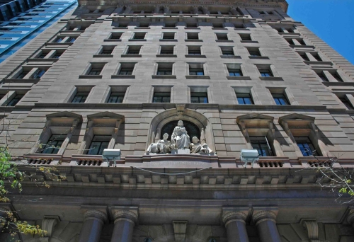 MacArthur Chambers building facade with sculpture on Edward St Brisbane