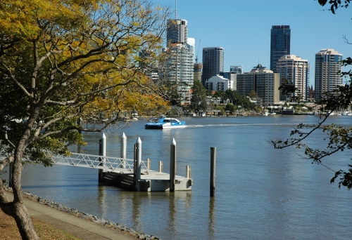 Brisbane River and city views along footpath in Mowbray Park East Brisbane.