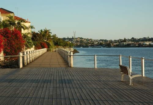 Teneriffe Boardwalk and Brisbane River at sunrise.