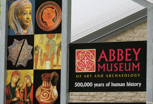 Signs at entry to Abbey Museum of Art and Archaeology, Caboolture