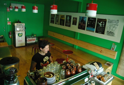 Old petrol pump and cambell soup lamp shares inside Bang Coffee Bar in Coorparoo