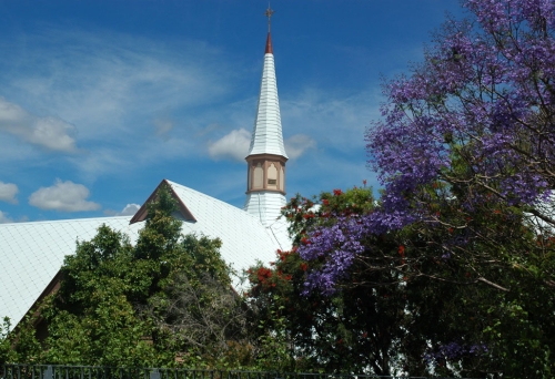 Christ Church Milton bell tower and jacaranda tree