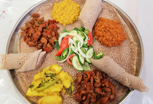 Platter of Ethiopian food at Ethiopian Village Moorooka