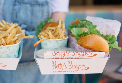 Cardboard box with Burgers and chips Betty's Burgers Westfield Carindale